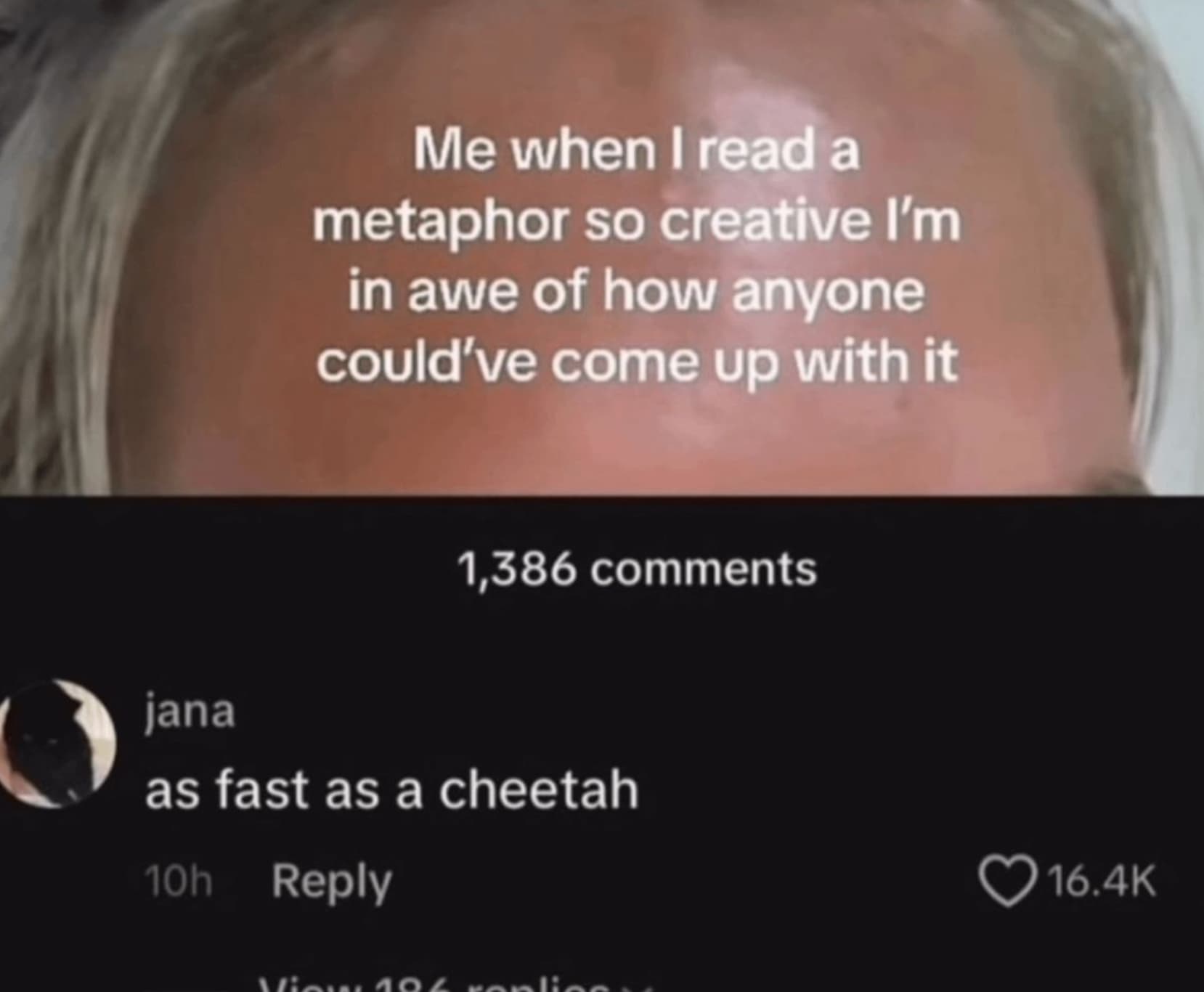 Internet meme - Me when I read a metaphor so creative I'm in awe of how anyone could've come up with it 1,386 jana as fast as a cheetah 10h View 10% ranti